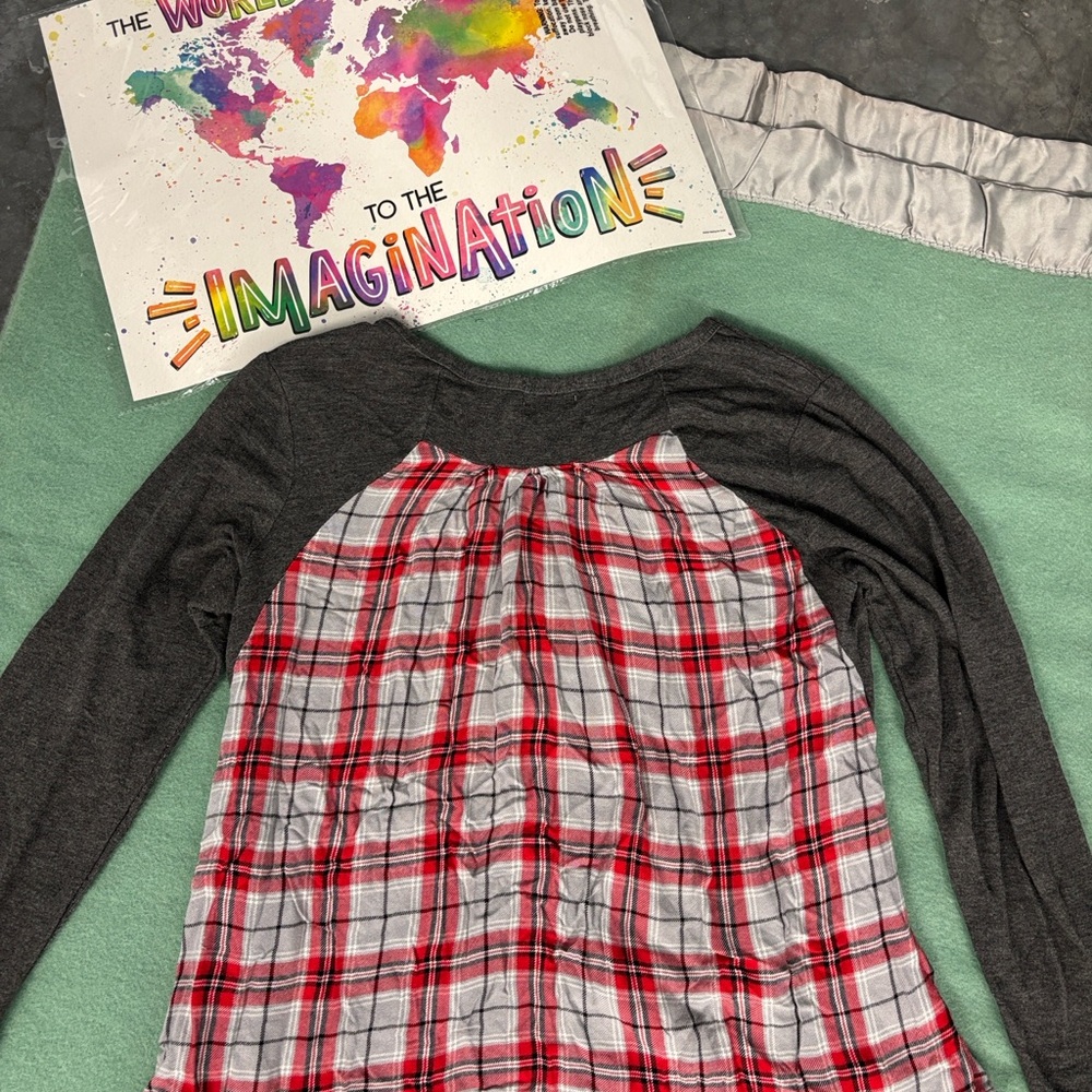 Simply Southern Gray Shirt with Red Plaid Checkered Back Sequin Pineapple L